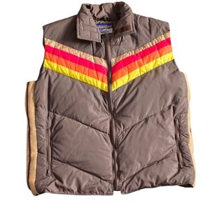 Men's Brown Puffer Vest with Multicolor Stripes
